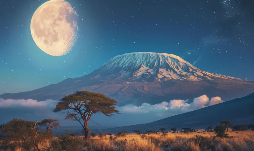 Full moon climbs on Kilimanjaro
