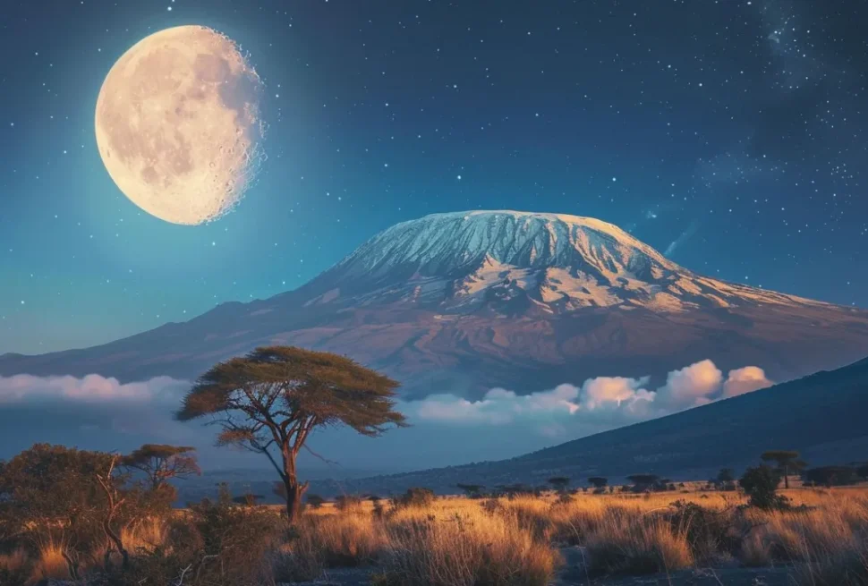 Full moon climbs on Kilimanjaro