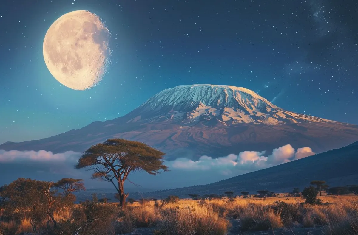 Full moon climbs on Kilimanjaro